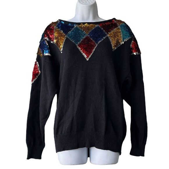 Vintage CELINA YANG Holiday Sequins Sweater Size M Retro Black Knit Long Sleeve - Picture 1 of 3